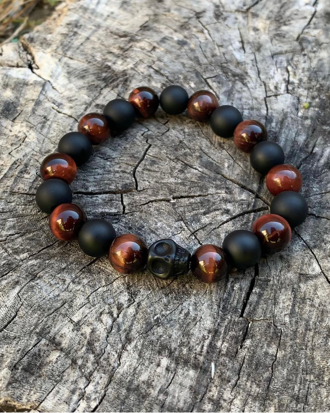 Skull Red Tiger & Onyx Stone Beaded Bracelet